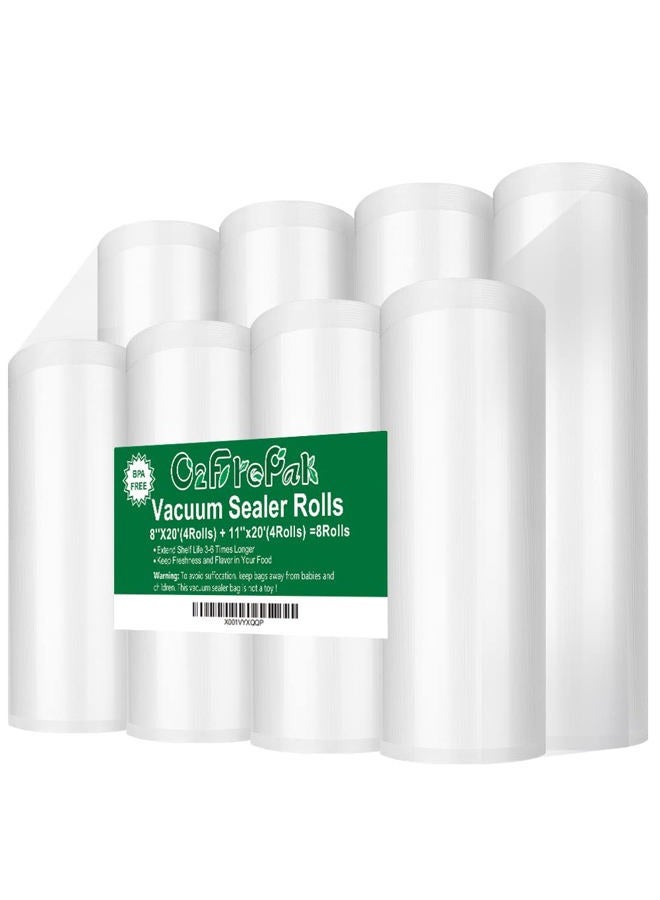 O2frepak 8 Pack 8"x20'(4Rolls) and 11"x20' (4Rolls) Rolls Vacuum Sealer Bags Rolls with BPA Free,Heavy Duty Vacuum Sealer Storage Bags Rolls,Cut to Size Roll,Great for Sous Vide Cooking - Image 1
